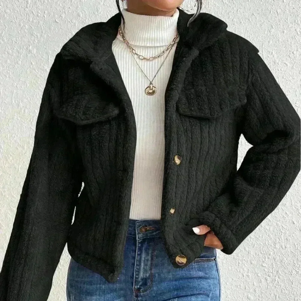 Black Casual Women's Flap Detail Button Front Flannel Jacket - Picture 5 of 6